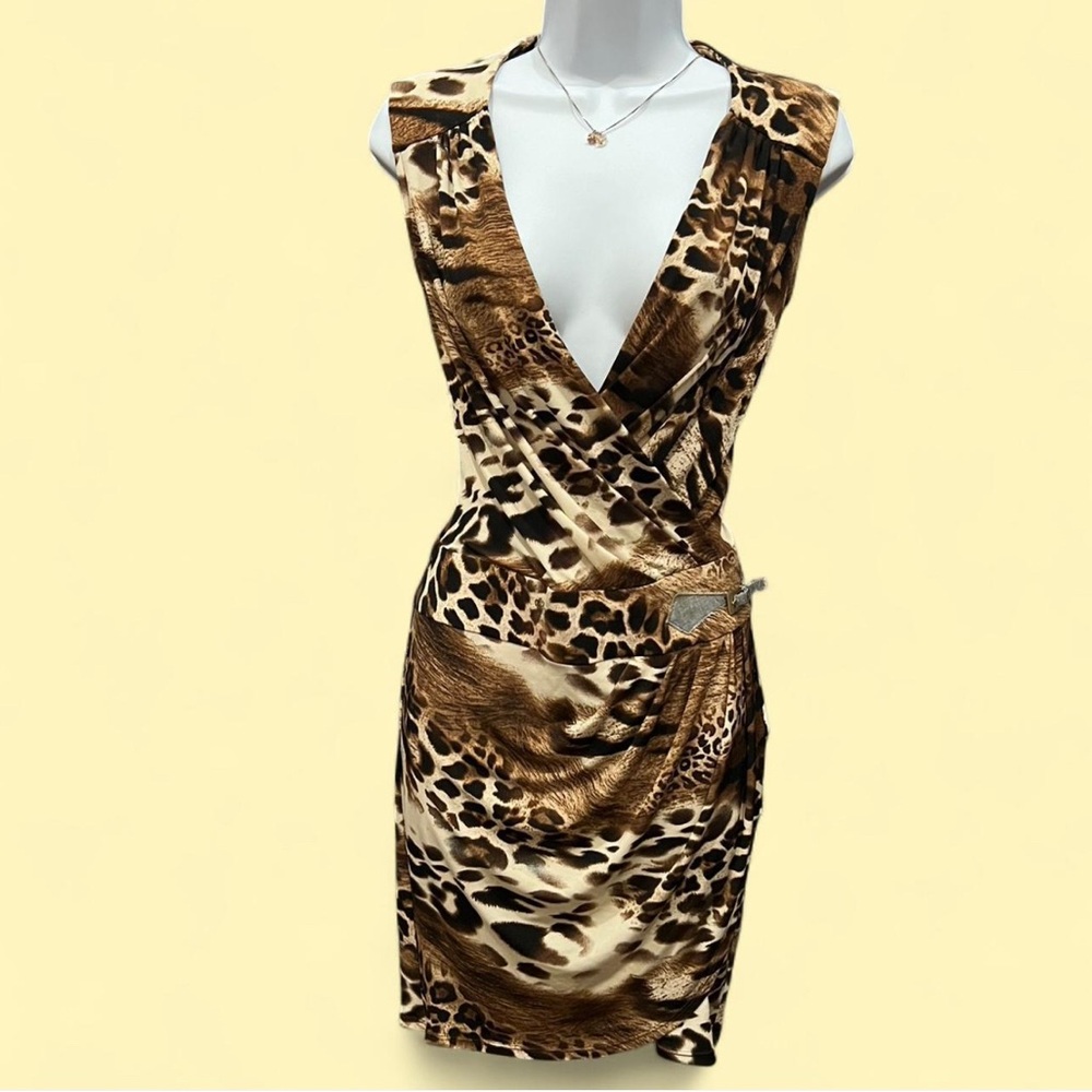 Vintage Y2K Cache Leopard Print Midi Dress with side belt detail